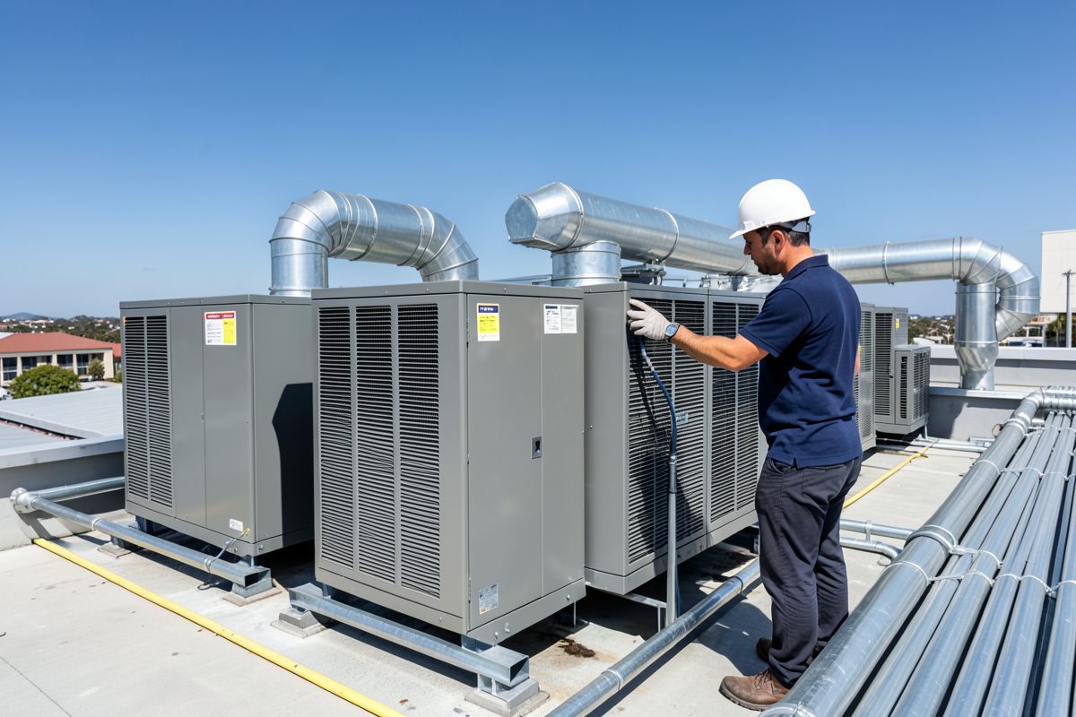 Packaged rooftop HVAC units on a commercial building in Melbourne with a technician inspecting a unit