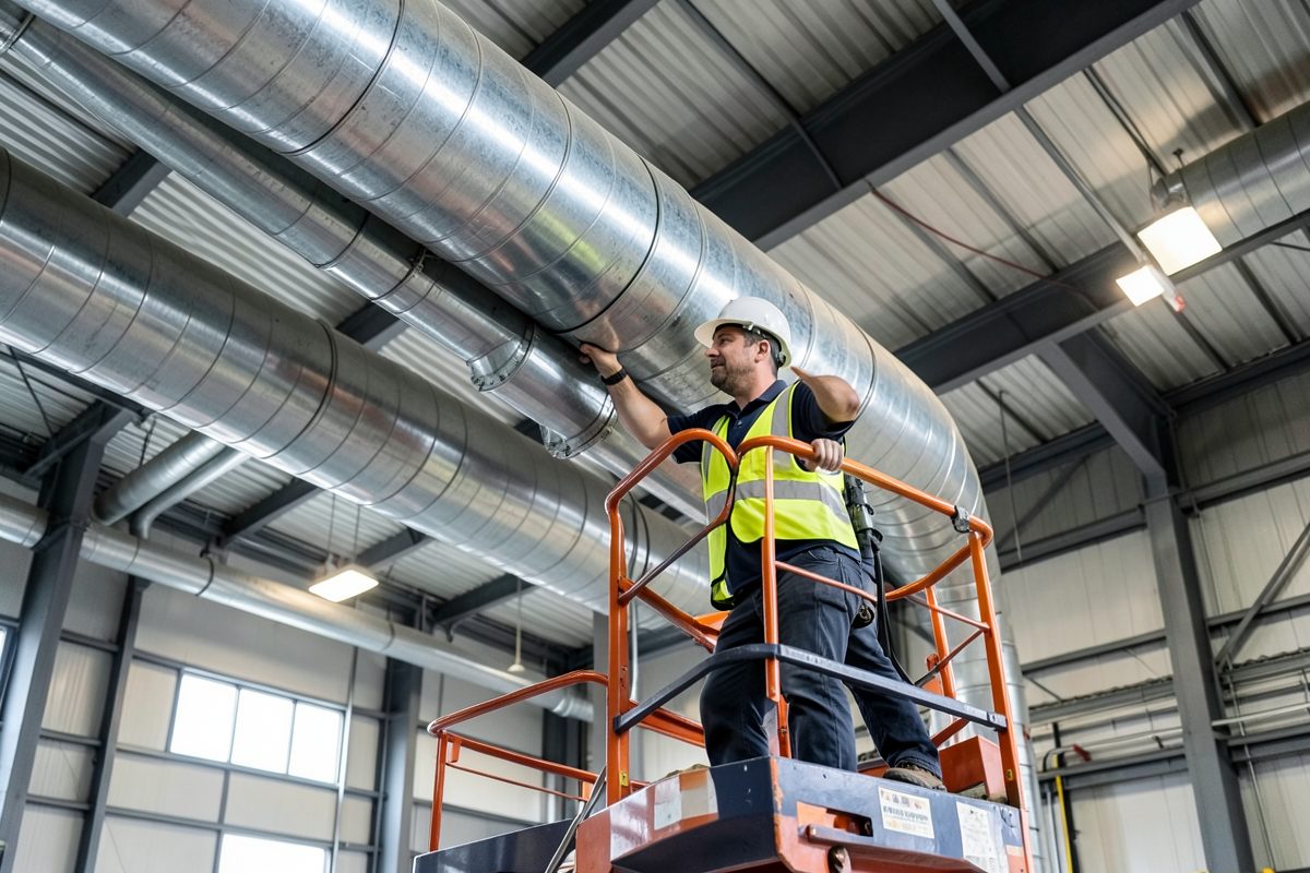 Large HVAC ventilation ductwork being installed in an industrial warehouse in Melbourne