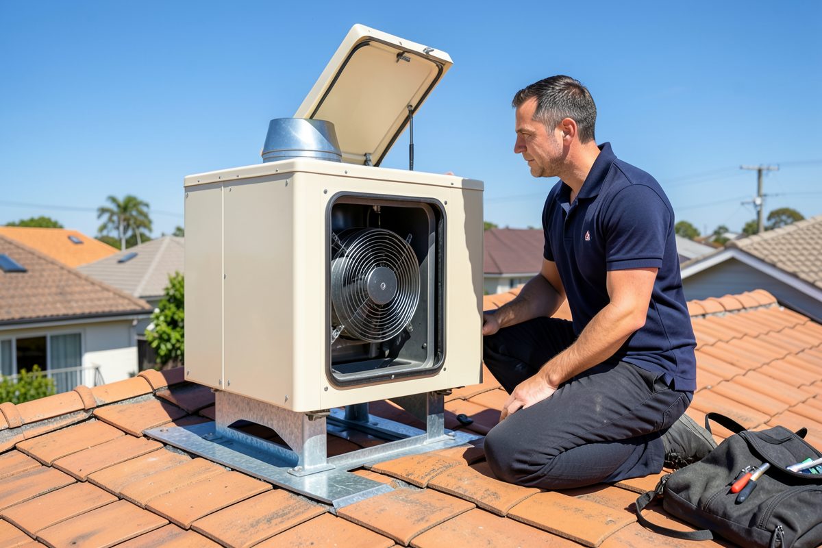 BM Heating and Cooling gasfitter servicing a gas ducted heater unit in Melbourne
