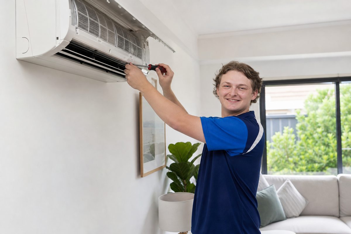 BM Heating and Cooling technician servicing a reverse cycle air conditioning system in Melbourne